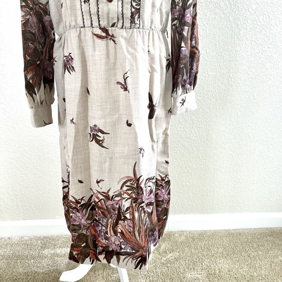 Vtg 70’s Sunshine Alley Brown Beige Floral Bird Print Dress Sz 16 With Tie Neck - Picture 3 of 16